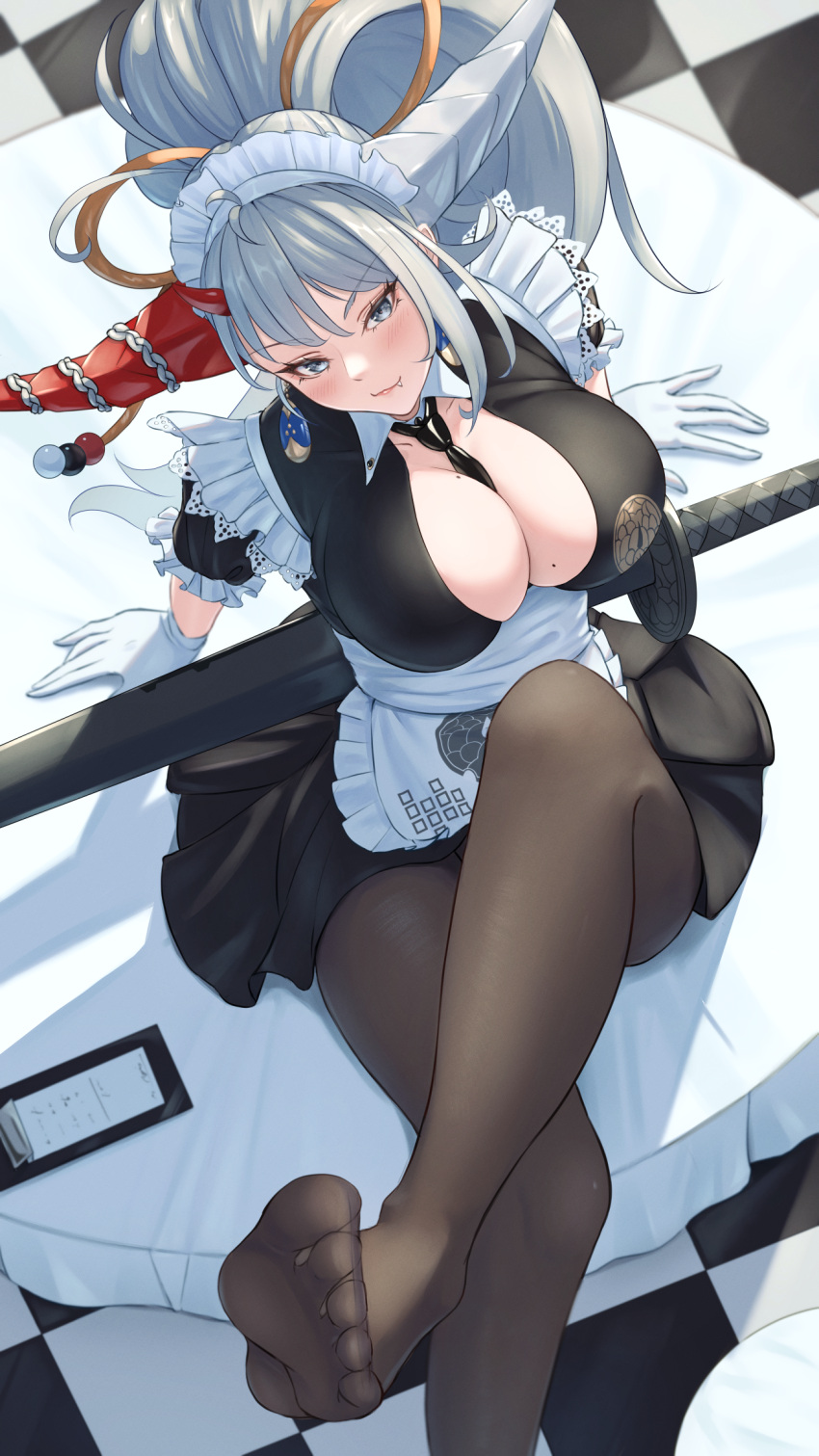 1girl apron asymmetrical_horns azur_lane breasts cleavage crossed_legs feet foot_out_of_frame from_above gloves hakuryuu_(azur_lane) hakuryuu_(slice_dice_and_serve)_(azur_lane) highres horns katana large_breasts legs looking_at_viewer maid maid_apron maid_headdress miniskirt no_shoes official_alternate_costume pantyhose ropi_(yyuichi29) skirt soles sword sword_behind_back table toes weapon