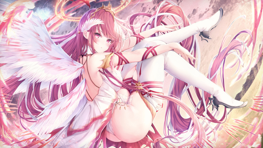 1girl angel_wings arm_ribbon ass back black_footwear blush breasts cloud dot_mouth feathered_wings floating floating_hair from_side full_body grass hair_ribbon head_wings high_heels knees_up large_breasts leg_up leotard long_hair looking_at_viewer manman_manyou_haiyang_de_paomo millennium_tour mountain multiple_wings outstretched_arms pink_eyes pink_hair pink_ribbon pink_sky ribbon sinkou sky solo thighhighs turning_head twilight very_long_hair white_leotard white_ribbon white_thighhighs white_wings wings