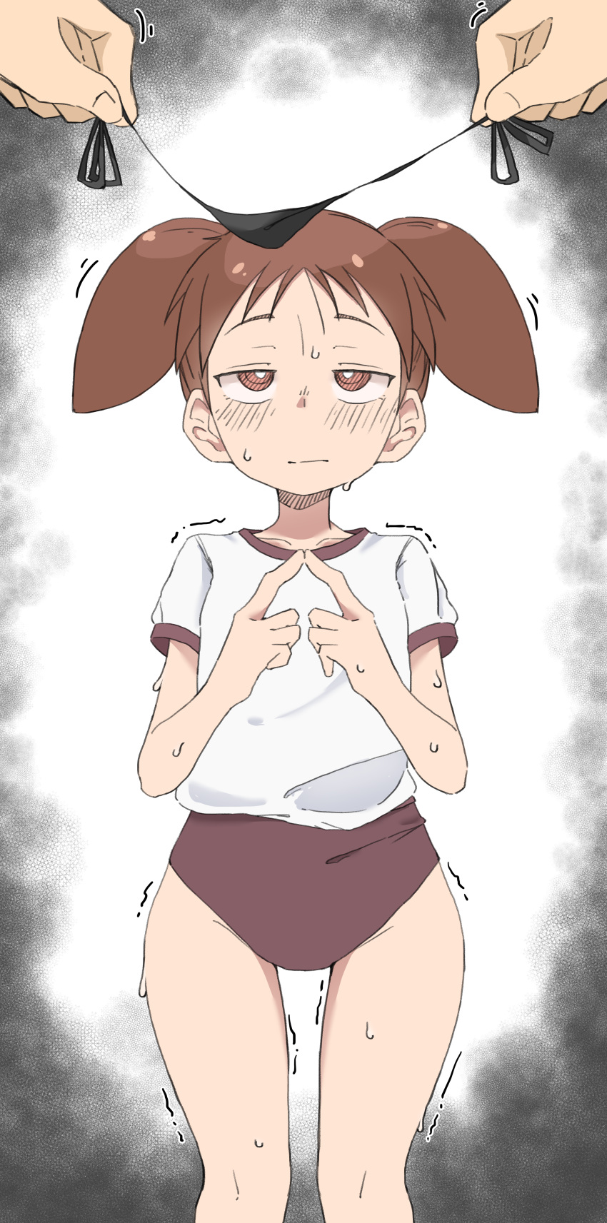 1boy 1girl :| absurdres azumanga_daioh black_panties bright_pupils brown_eyes brown_hair buruma closed_mouth collarbone gym_uniform hands_up highres holding holding_clothes holding_panties holding_underwear index_fingers_together jitome looking_up micro_panties mihama_chiyo panties red_buruma shirt short_sleeves short_twintails sweat thigh_gap thighs trembling twintails underwear white_background white_pupils white_shirt zlix0n