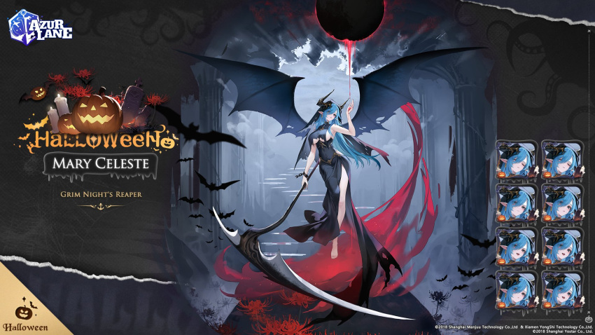1girl azur_lane barefoot blue_hair character_name copyright_name demon_wings english_text halloween_costume highres holding holding_scythe long_hair mary_celeste_(azur_lane) mary_celeste_(grim_night's_reaper)_(azur_lane) official_alternate_costume official_art pointy_ears scythe solo weapon wings