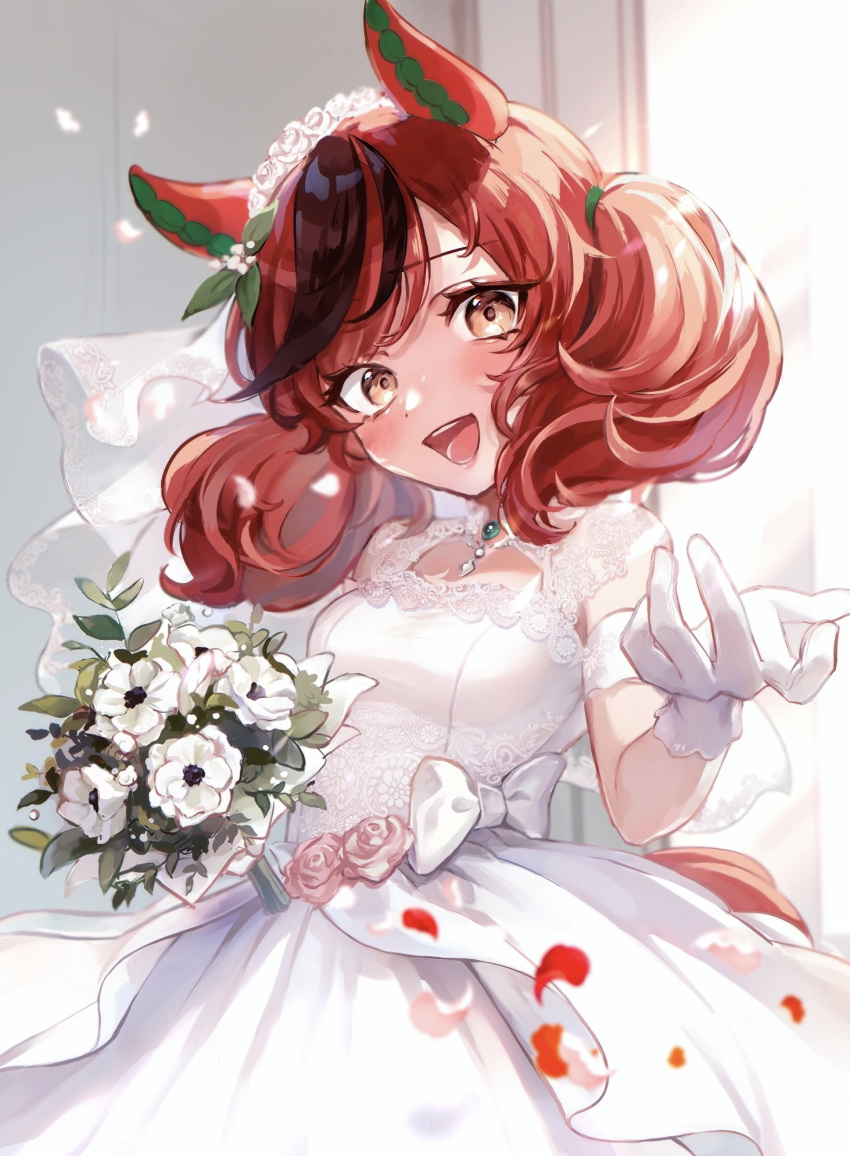 1girl alternate_costume bouquet brooch brown_eyes commentary_request cowboy_shot dress ear_covers flower gloves hair_between_eyes hair_flower hair_ornament highres holding holding_bouquet horse_girl inguwon jewelry looking_at_viewer necklace nice_nature_(umamusume) open_mouth petals reaching reaching_towards_viewer red_hair ribbon rose_petals short_sleeves simple_background solo twintails umamusume wedding_dress white_dress white_gloves