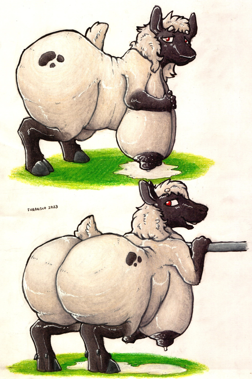 2023 absurd_res anthro areola big_breasts big_butt birthmark black_areola black_nipples bodily_fluids bovid breasts butt caprine chubby_female cloven_hooves female fur furansco hi_res hooves huge_breasts huge_butt lactating looking_at_viewer looking_back mammal markings milk milk_puddle nipples open_mouth overweight overweight_anthro overweight_female presenting presenting_hindquarters red_eyes sagging_breasts sheep signature smile solo white_body white_fur wool_(fur) yan_(sheep)