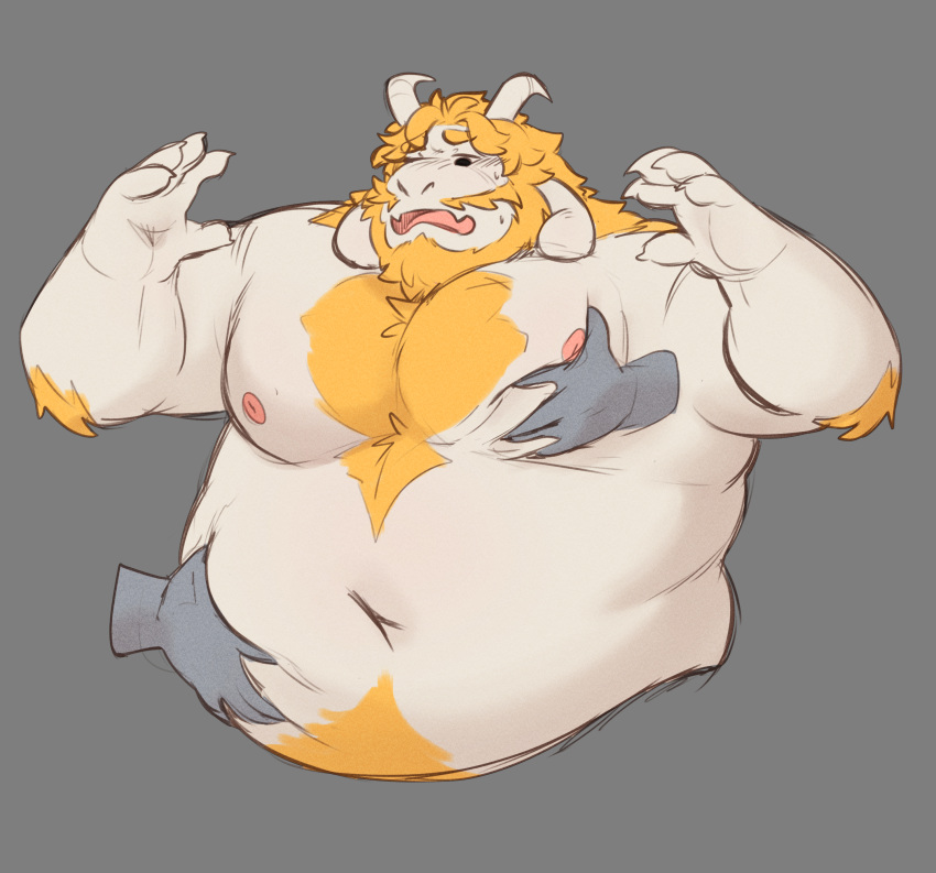 2022 absurd_res anthro asgore_dreemurr beard belly belly_grab big_belly blonde_hair body_hair boss_monster bovid caprine chest_hair disembodied_hand duo facial_hair floppy_ears fur goat grope hair half-length_portrait hi_res humanoid_hands lustyshu male male/male mammal mature_anthro mature_male moob_grab moob_squeeze moobs navel nipples open_mouth overweight overweight_anthro overweight_male portrait raised_arms simple_background solo_focus undertale undertale_(series) white_body white_fur