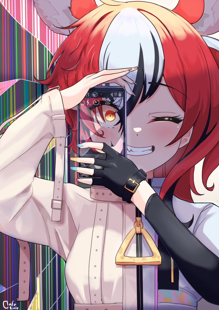 1girl animal_ears artist_name asymmetrical_clothes cafelittle cellphone cracked_screen fingerless_gloves gloves grin hakos_baelz highres hololive hololive_english mouse_ears multicolored_hair multicolored_nails one_eye_closed phone red_hair smartphone smile split_theme straitjacket streaked_hair virtual_youtuber yellow_eyes