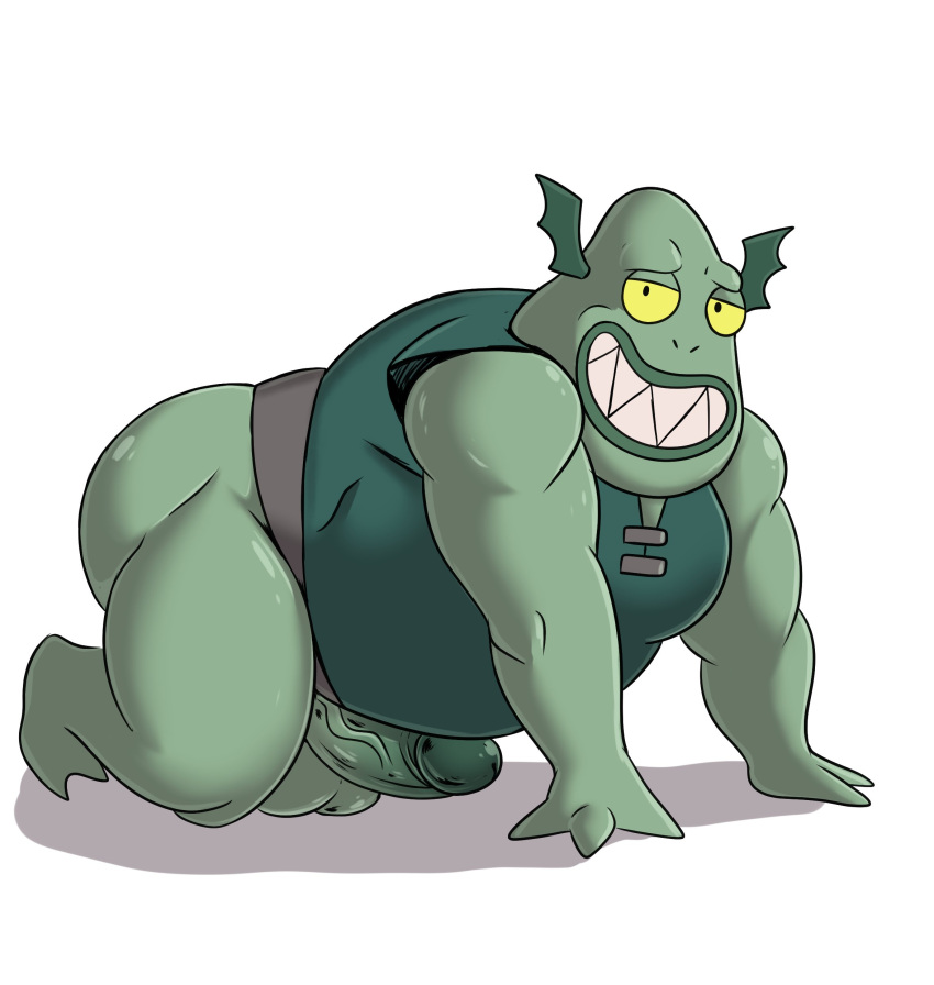 absurd_res amphibian anthro balls bottomless bottomless_anthro bottomless_male buff_frog clothed clothing disney frog genitals green_clothing green_shirt green_topwear hi_res humanoid_genitalia humanoid_penis male musclegut ofstrial overweight overweight_anthro overweight_male penis shirt simple_background solo star_vs._the_forces_of_evil teeth topwear vein veiny_penis white_background