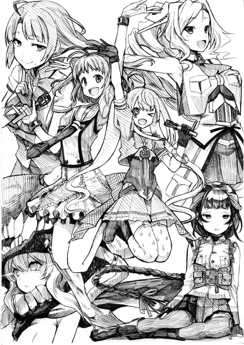 &gt;_o 6+girls abyssal_ship antenna_hair arm_up ascot bow bowtie braid breast_pocket breasts drill_hair gloves greyscale headgear highres holding holding_microphone honolulu_(kancolle) kantai_collection long_hair long_sleeves microphone mole mole_under_mouth momo_(kancolle) monochrome multiple_girls music naka_(kancolle) one_eye_closed open_mouth pocket sailor_collar school_uniform serafuku short_sleeves simple_background singing sitting skirt sleeveless smile thighhighs tsuji_kazuho twintails very_long_hair wo-class_aircraft_carrier yamashio_maru_(kancolle) yuugumo_(kancolle)