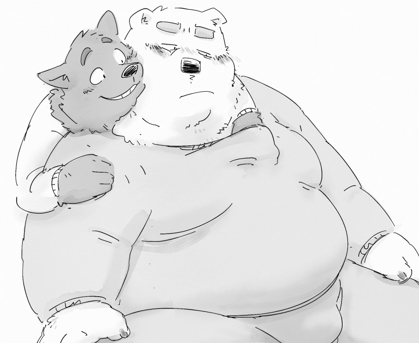 2023 anthro bear belly big_belly blush bottomwear bulge canid canine canis clothing domestic_dog duo hi_res kemono male mammal moobs overweight overweight_male pants pommn_mn sitting sweater topwear