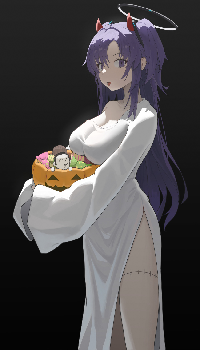 1boy 1girl absurdres arona's_sensei_doodle_(blue_archive) basket blue_archive breasts candy cleavage collarbone commentary fangfangtu food ghost_costume halloween halloween_costume halo highres horns jack-o'-lantern large_breasts long_hair looking_at_viewer mechanical_halo patchwork_skin purple_eyes purple_hair red_horns sensei_(blue_archive) symbol-only_commentary tongue tongue_out yuuka_(blue_archive)