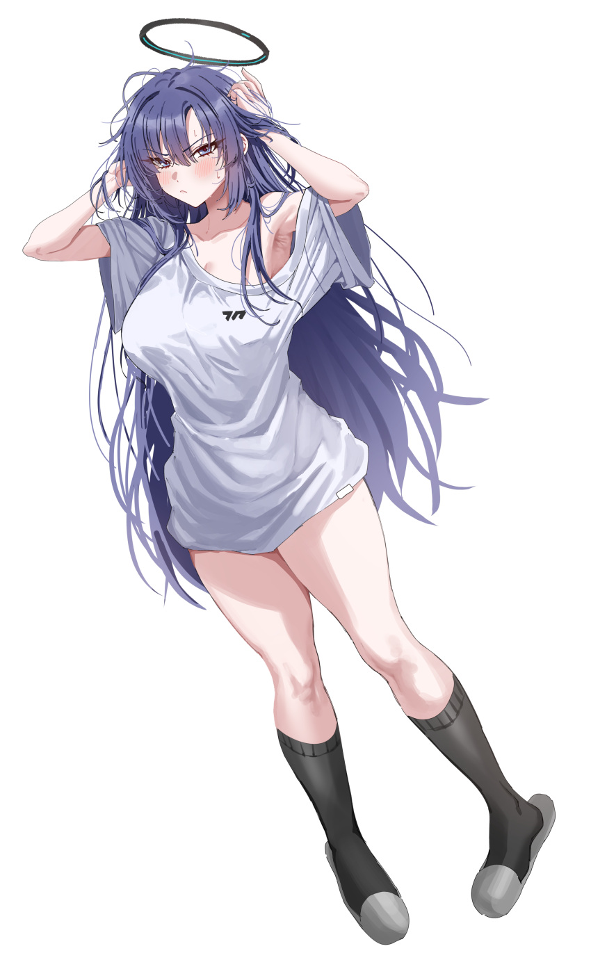 1girl absurdres armpits bad_anatomy bad_arm black_socks blue_archive blush breasts closed_mouth collarbone commentary_request grey_footwear hair_between_eyes halo highres korean_commentary large_breasts long_hair looking_at_viewer mechanical_halo nompang purple_eyes purple_hair shirt short_sleeves simple_background slippers socks solo very_long_hair white_background white_shirt wide_sleeves yuuka_(blue_archive)
