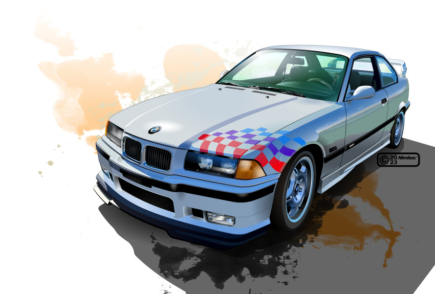 2023 artist_name bmw bmw_e36 bmw_m3 car commentary_request headlight highres left-hand_drive motor_vehicle nimbus_goldbrum no_humans original realistic rear-view_mirror shadow spoiler_(automobile) steering_wheel vehicle_focus