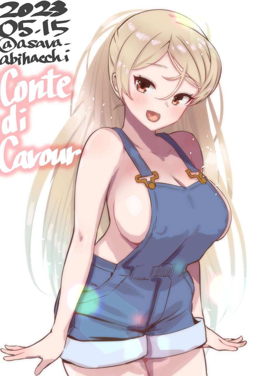 1girl asava_(hutaitenn) blonde_hair breasts brown_eyes character_name conte_di_cavour_(kancolle) dated highres kantai_collection large_breasts long_hair long_sleeves naked_overalls open_mouth overall_shorts overalls simple_background smile solo twitter_username two_side_up white_background