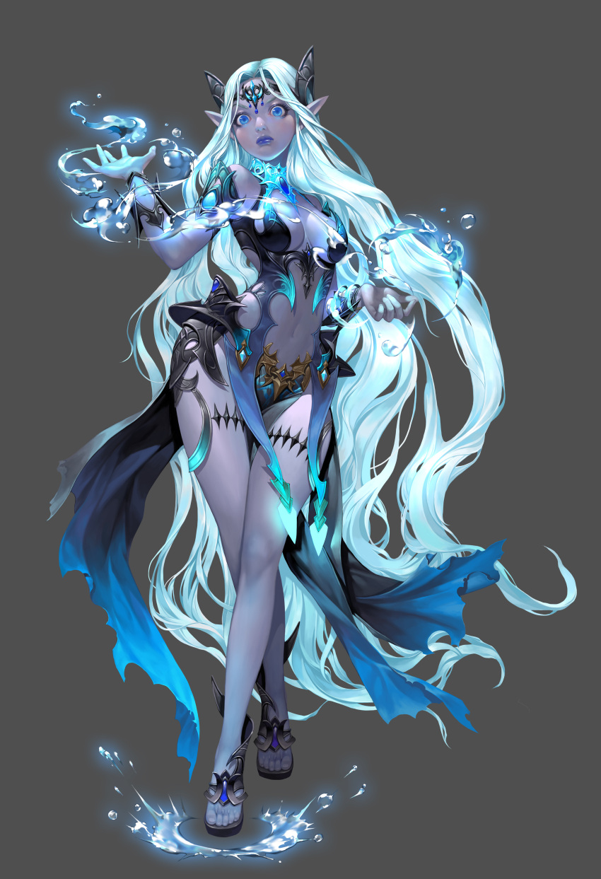 absurdres blue_hair blue_lips blue_skin breasts cleavage_cutout clothing_cutout colored_skin crossed_legs hair_ornament high_heels highres hip_armor long_hair magic mam_ba midriff navel original pointy_ears simple_background thighs water white_hair