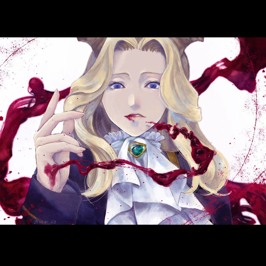 1boy ascot blonde_hair blood blood_on_mouth blue_eyes brooch brown_horns demon_boy hei-b highres horns jewelry letterboxed long_hair long_sleeves lugner_(sousou_no_frieren) male_focus simple_background solo sousou_no_frieren upper_body white_ascot white_background