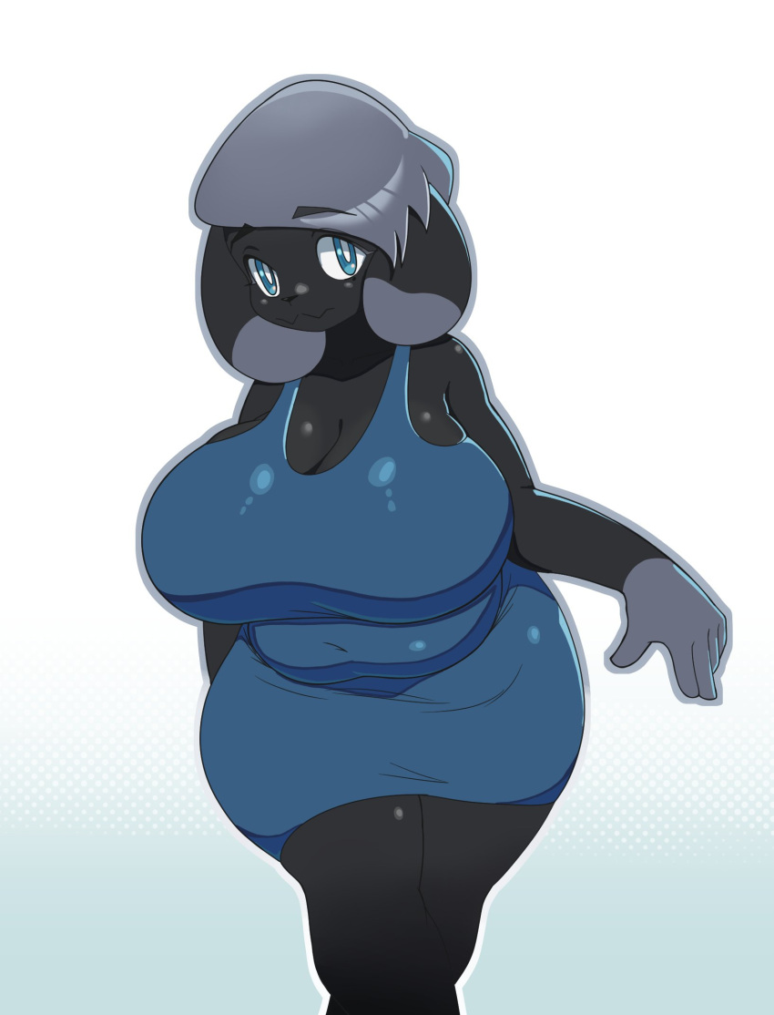 anthro big_breasts black_body blue_clothing blue_eyes breasts chubby_female clothing female hi_res lagomorph leporid mammal nerobero0 rabbit slightly_chubby solo thick_thighs wide_hips