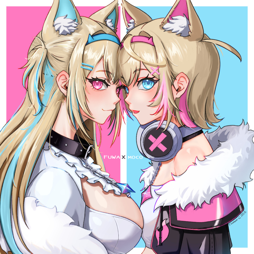 2girls animal_collar animal_ear_fluff animal_ears artist_name belt_collar black_collar black_jacket blue_brooch blue_eyes blue_hair blue_hairband blush border breasts closed_mouth collar dated detached_collar dog_ears dog_girl dreamoon-q dress eyelashes fake_horns flat_chest frilled_shirt_collar frills from_side fur-trimmed_jacket fur_trim fuwawa_abyssgard hair_ornament hairband hairclip headphones headphones_around_neck heads_together highres hololive hololive_english horns jacket large_breasts light_brown_hair long_hair looking_at_viewer mococo_abyssgard multicolored_hair multiple_girls off_shoulder outside_border parted_lips pink_brooch pink_eyes pink_hair pink_hairband profile shirt short_hair siblings sisters smile streaked_hair twins two_side_up upper_body virtual_youtuber white_border white_dress white_shirt x_hair_ornament