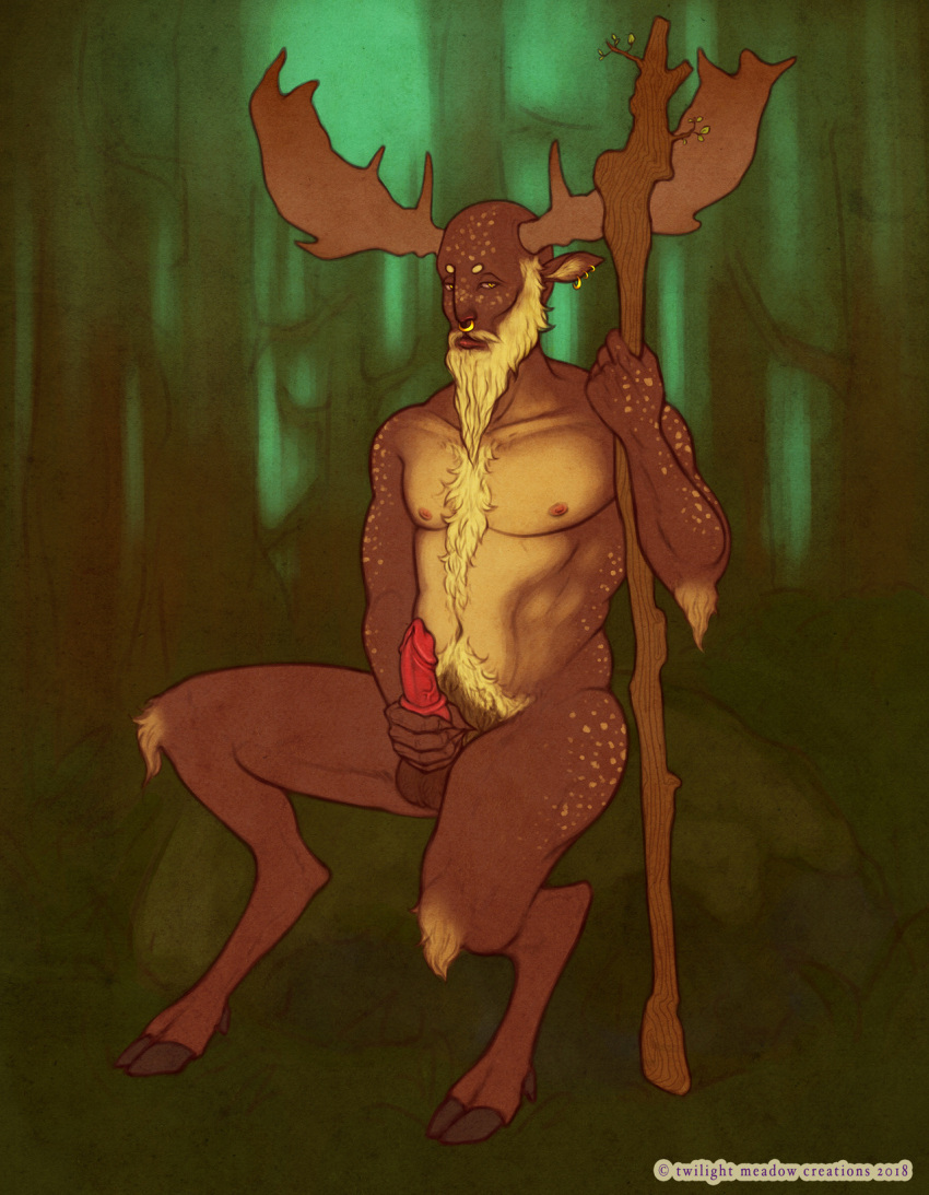 antlers balls beard blautr-bleikr facial_hair forest genitals hi_res hooves horn humanoid long_beard male masturbation mature_male nipples penile penile_masturbation penis plant satyr solo staff tree