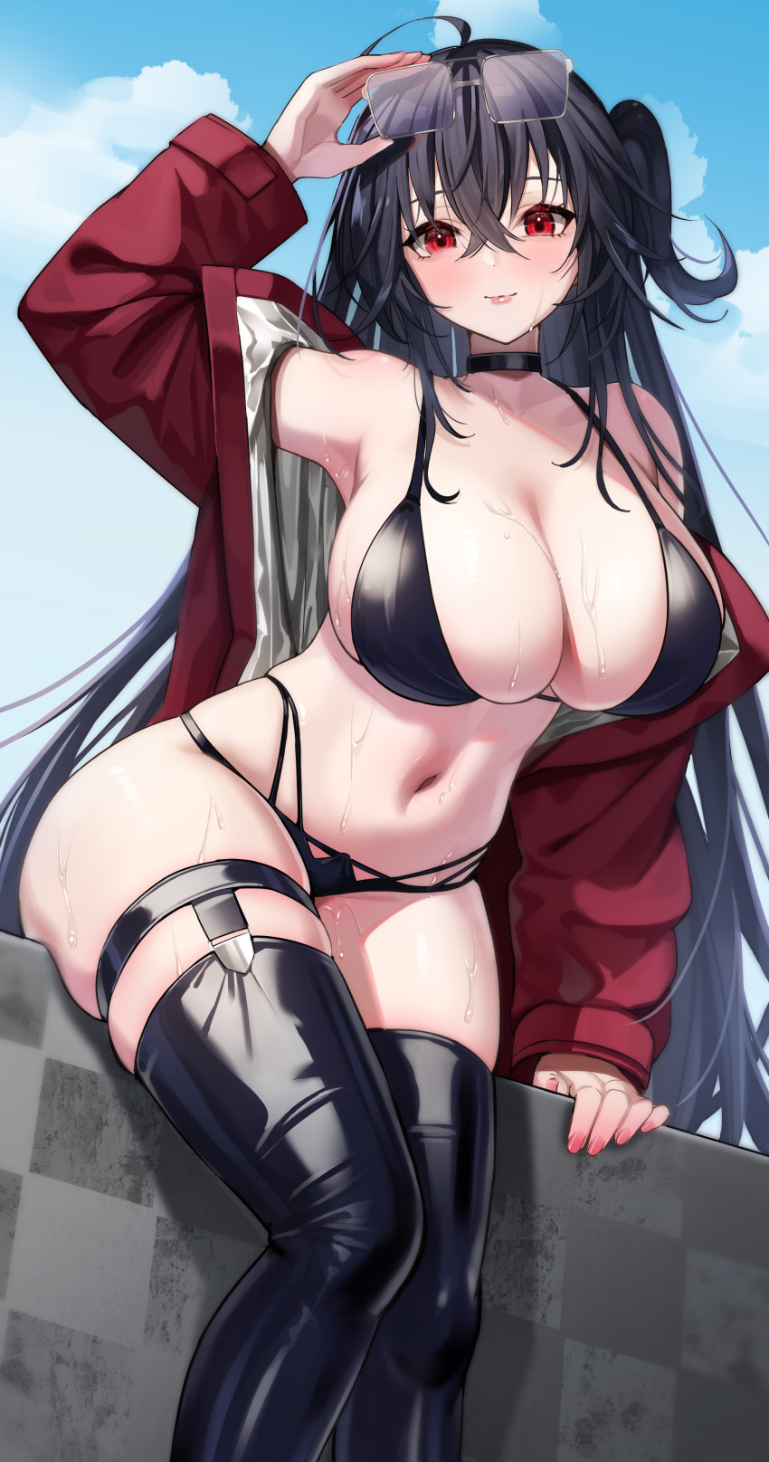 1girl absurdres ahoge arm_up azur_lane bikini black_bikini black_choker black_hair black_thighhighs blue_sky breasts choker closed_mouth cloud crossed_bangs day eyewear_on_head hand_on_eyewear highres jacket large_breasts lips long_hair looking_at_viewer marumai navel official_alternate_costume outdoors red_eyes red_jacket sitting sky solo stomach sunglasses swimsuit taihou_(azur_lane) taihou_(enraptured_companion)_(azur_lane) thighhighs very_long_hair wet