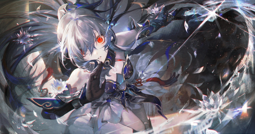 1girl absurdres bare_shoulders black_gloves blue_sleeves detached_sleeves flower gloves hair_in_own_mouth high_ponytail highres holding holding_sword holding_weapon honkai:_star_rail honkai_(series) jingliu_(honkai:_star_rail) long_hair petals ponytail red_eyes skirt solo sword weapon white_flower white_hair white_skirt yu-x