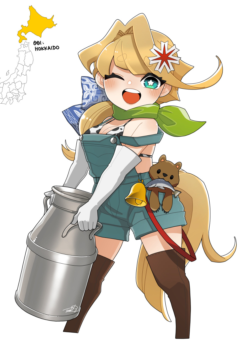 1girl absurdres animal_print artist_name bear bell bikini blonde_hair blush boots breasts cleavage cow_print elbow_gloves fish fish_in_mouth gloves green_scarf head_tilt highres hokkaido holding japan knee_boots long_hair looking_at_viewer milk_churn nobel_(nobel827) off_shoulder one_eye_closed open_mouth overalls scarf signature swimsuit teeth thick_eyebrows upper_teeth_only white_background white_gloves yellow_tail