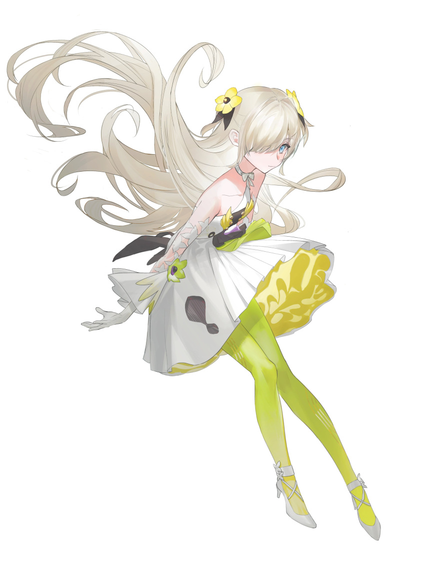 1girl absurdres bare_shoulders blue_eyes detached_sleeves dress flat_chest floating_hair flower full_body gloves green_pantyhose grey_hair hair_flower hair_ornament hair_over_one_eye high_heels highres isekai_joucho kamitsubaki_studio long_hair looking_at_viewer necosky pantyhose simple_background solo very_long_hair virtual_youtuber white_background white_footwear white_gloves