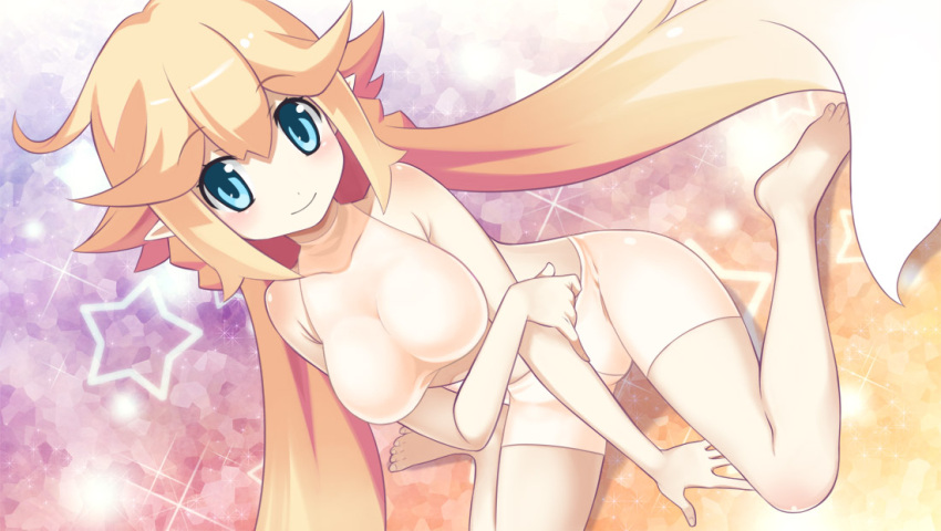 1girl aqua_eyes attouteki_yuugi_mugen_souls_z barefoot bike_shorts blonde_hair blue_eyes blush body_blush breasts dutch_angle gradient_background halterneck hirano_katsuyuki knee_blush long_hair looking_at_viewer non-web_source official_art pointy_ears see-through sexually_suggestive shilma_(mugen_souls) shoulder_blush sitting soap solo sparkle sports_bra star_(symbol) swimsuit toenails toes twintails very_long_hair wariza wet wet_clothes wet_swimsuit white_sports_bra