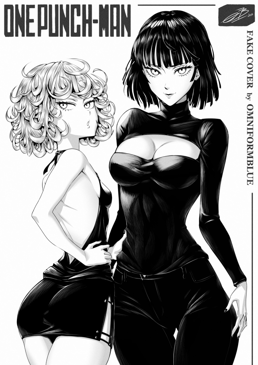 2girls artist_name backless_outfit bare_arms bare_back bare_shoulders breasts cleavage_cutout clothing_cutout cover fake_cover fubuki_(one-punch_man) greyscale highres looking_at_viewer meme_attire monochrome multiple_girls omniformblue one-punch_man short_hair signature tatsumaki virgin_killer_sweater