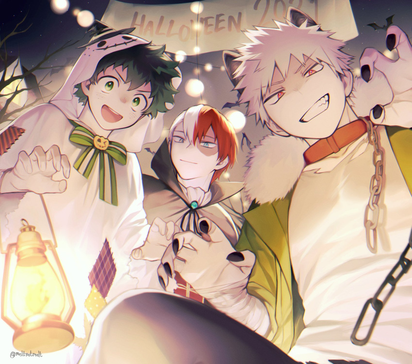 2021 3boys animal_ears ascot bakugou_katsuki bandaged_arm bandages banner bare_tree bat_(animal) black_cape black_headwear black_nails black_pants blonde_hair blue_eyes blue_gemstone blurry boku_no_hero_academia bow bowtie brooch burn_scar cape chain chain_leash chromatic_aberration claw_pose cloak closed_mouth collar collared_cape commentary_request costume curly_hair depth_of_field fake_animal_ears film_grain fingernails freckles from_above fur-trimmed_jacket fur_trim gem ghost_costume green_eyes green_hair green_jacket grey_eyes grin hair_between_eyes halloween halloween_costume hands_up happy hat heterochromia highres hood hood_up hooded_cloak jacket jewelry lapels leash light looking_at_viewer looking_down male_focus meltnotmelt midoriya_izuku mini_hat mini_witch_hat multicolored_hair multiple_boys night official_alternate_costume open_clothes open_jacket open_mouth outdoors pants patch popped_collar red_collar red_eyes red_hair round_teeth scar scar_on_face scar_on_hand sharp_fingernails shirt short_hair smile spiked_hair split-color_hair star_(sky) straight_hair string_of_light_bulbs striped striped_bow striped_bowtie teeth thai_commentary todoroki_shouto torn_clothes torn_pants torn_shirt tree twitter_username two-tone_hair upper_body upper_teeth_only v-shaped_eyebrows vampire_costume werewolf_costume white_ascot white_cloak white_hair white_shirt window witch_hat wolf_ears