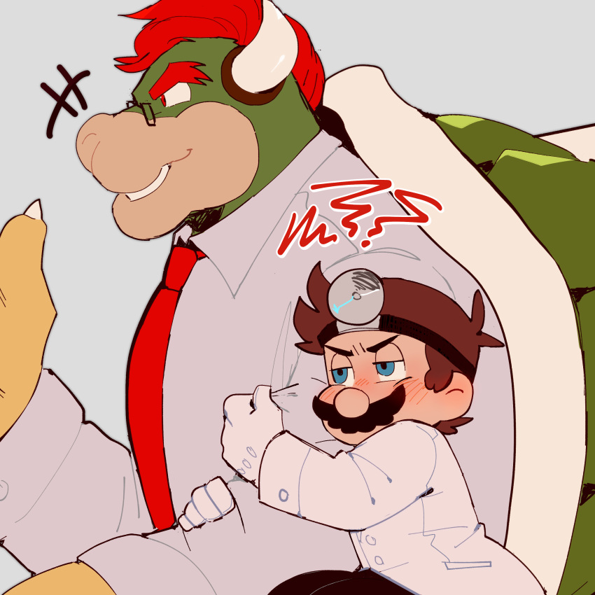 2boys absurdres arm_hug bespectacled blue_eyes blush bowser_jr. brown_hair doctor dr._mario dr._mario_(game) facial_hair from_side furry furry_with_non-furry glasses gloves highres horns interspecies kamari_(kakomari25) labcoat male_focus mario_(series) mohawk multiple_boys mustache salaryman short_hair shy size_difference upper_body yaoi