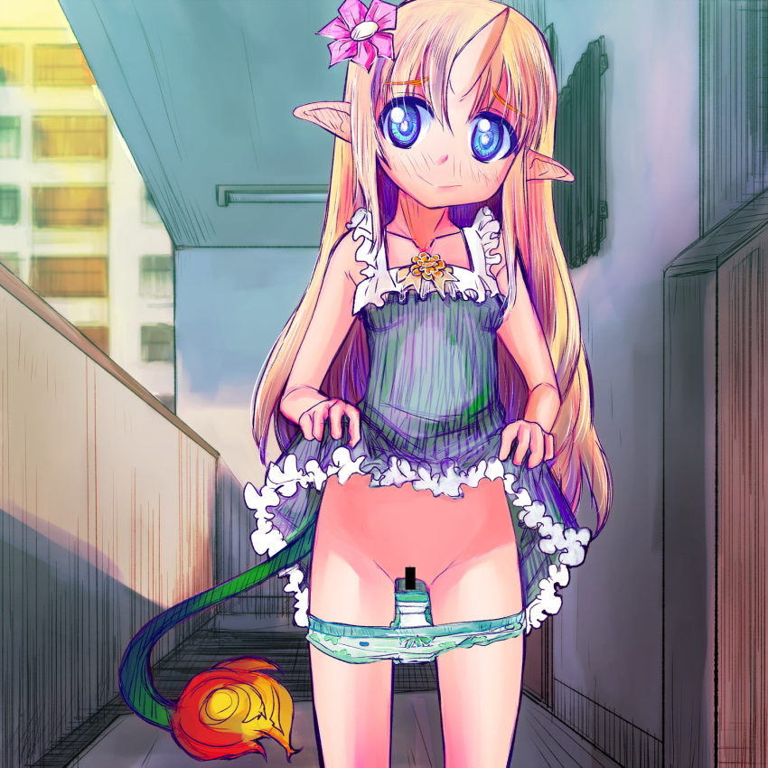 1girl aqua_panties balcony bar_censor blonde_hair blue_eyes breasts bright_pupils censored closed_mouth clothes_lift collarbone dress dress_lift flame-tipped_tail flower furrowed_brow futaba_channel green_dress green_tail hair_flower hair_ornament highres horns kirin_(nijiura_maid) legs_apart lifted_by_self long_hair nijiura_maids outdoors panties panty_pull pink_flower pointy_ears single_horn skin-covered_horns small_breasts smile solo standing tsukiyono_aroe underwear very_long_hair white_pupils