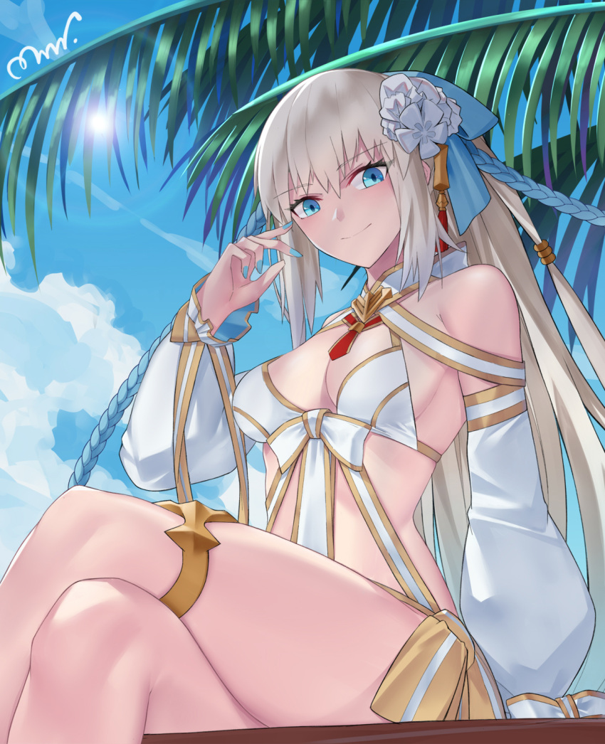 1girl bare_shoulders bikini blue_eyes blue_hair blue_sky braid breasts cleavage crossed_legs detached_sleeves fate/grand_order fate_(series) flower french_braid gold_trim gradient_hair hair_flower hair_ornament hair_ribbon highres long_hair long_sleeves looking_at_viewer medium_breasts morgan_le_fay_(fate) morgan_le_fay_(water_princess)_(fate) mrnn multicolored_hair ponytail puffy_long_sleeves puffy_sleeves ribbon sidelocks sitting sky smile solo swimsuit thighlet thighs twin_braids very_long_hair white_bikini white_hair