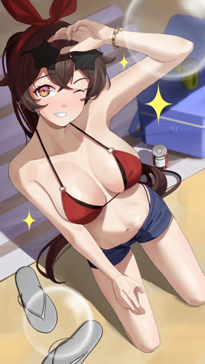 1girl absurdres amber_(genshin_impact) arm_up bangs beach_towel bead_bracelet beads bikini bikini_top_only blue_shorts bow bracelet breasts brown_hair can cooler crossed_bangs eyewear_on_head from_above genshin_impact grin haerge hair_bow highres jewelry kneeling looking_at_viewer medium_breasts navel one_eye_closed open_fly red_bikini red_bow revision sand sandals sandals_removed short_shorts shorts smile solo sparkle star-shaped_eyewear stomach strap_gap sunglasses swimsuit teeth thighs towel yellow_eyes