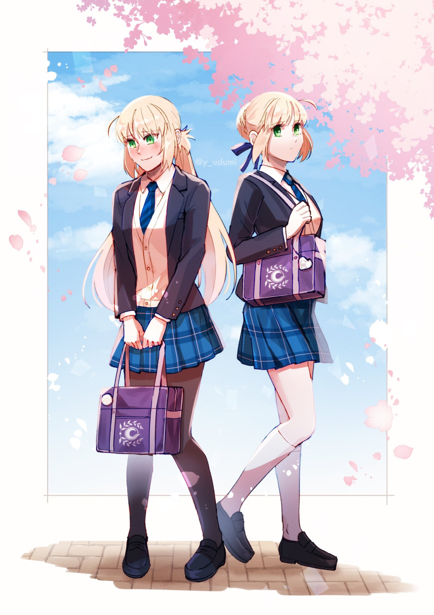 2girls ahoge artoria_caster_(fate) artoria_pendragon_(fate) bag bag_charm black_footwear black_jacket blazer blonde_hair blue_necktie blue_ribbon blue_skirt blush border braid breasts charm_(object) cherry_blossoms fate/grand_order fate_(series) fou_(fate) french_braid green_eyes heel_up highres jacket kneehighs loafers long_hair looking_at_viewer medium_breasts multiple_girls necktie outdoors outside_border pantyhose petals plaid plaid_skirt pleated_skirt ribbon school_bag school_uniform shirt shoes skirt smile socks standing striped_necktie sweat vest white_border white_shirt yamano_udumi yellow_vest