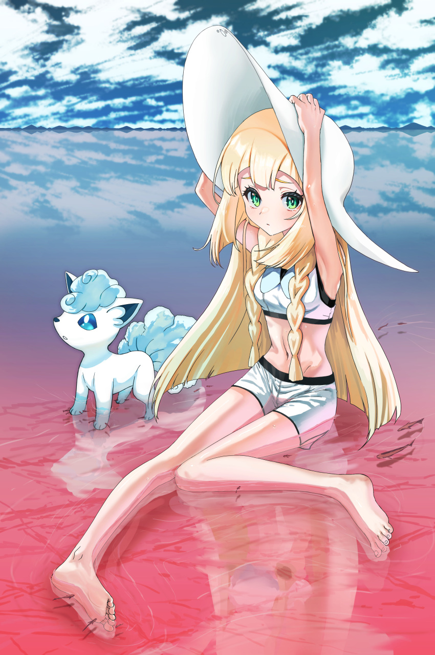 absurdres aiueo_otoko alolan_vulpix armpits blonde_hair blunt_bangs braid closed_mouth cloud cloudy_sky crop_top green_eyes hands_on_headwear hat highres lillie_(pokemon) long_hair looking_at_viewer midriff navel on_ground pokemon pokemon_(anime) pokemon_sm_(anime) reflection reflective_water shallow_water shirt shorts sky sun_hat twin_braids water white_headwear white_shirt white_shorts