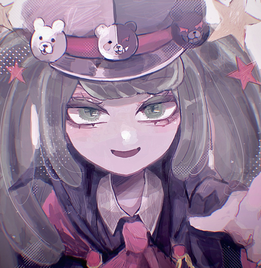 1girl :d alternate_costume black_cape cape collared_shirt danganronpa_(series) danganronpa_another_episode:_ultra_despair_girls green_eyes green_hair hat highres medium_hair monokuma naruse_(nal1525) necktie open_mouth pink_necktie shirt smile solo top_hat towa_monaca