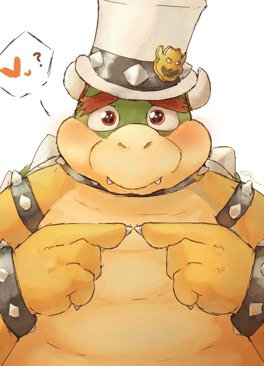 &lt;3 10_cosmo_24 2023 anthro belly biped blush bowser cute_fangs hi_res humanoid_hands kemono koopa mario_bros nintendo overweight question_mark scalie simple_background solo