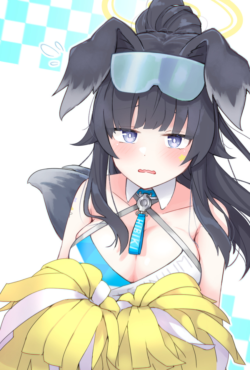1girl absurdres animal_ears armpit_crease bare_shoulders black_hair black_tail blue_archive blue_eyes blunt_bangs blush breasts breasts_squeezed_together bright_pupils cheerleader cleavage collar collarbone commentary_request criss-cross_halter detached_collar dog_ears dog_tail flying_sweatdrops furrowed_brow goggles goggles_on_head hair_over_breasts halo halterneck hibiki_(blue_archive) highres large_breasts long_hair looking_at_viewer millennium_cheerleader_outfit_(blue_archive) open_mouth pom_pom_(cheerleading) ponytail shy sidelocks silver116 simple_background skindentation solo star_on_cheek star_sticker tail upper_body wavy_mouth white_background white_collar white_pupils