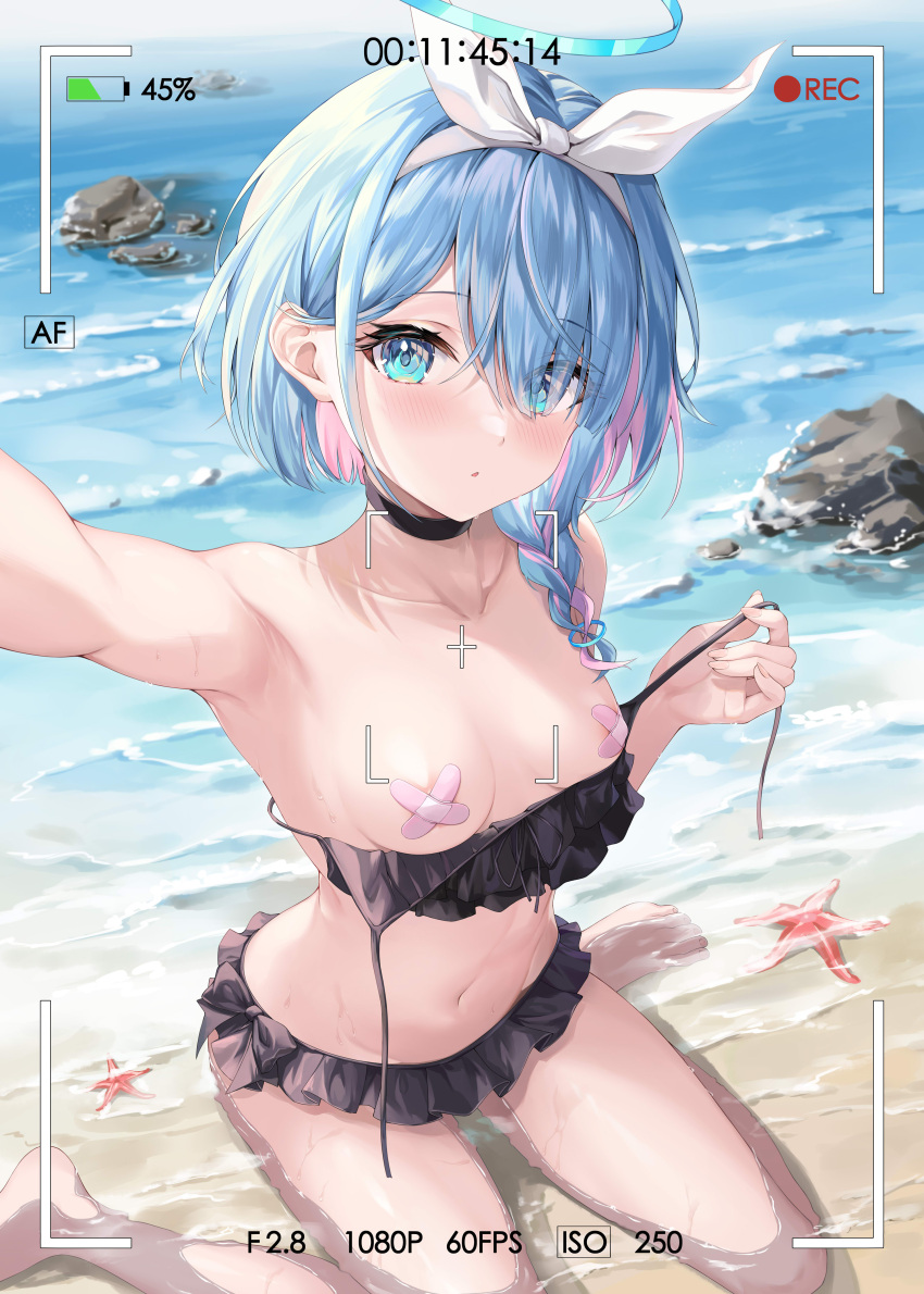 1girl absurdres arona_(blue_archive) bandaid bandaids_on_nipples bare_arms bare_legs bare_shoulders barefoot battery_indicator beach bikini black_bikini black_choker blue_archive blue_eyes blue_hair blue_halo blush braid breasts choker colored_inner_hair day frilled_bikini frills halo highres looking_at_viewer multicolored_hair outdoors parted_lips pasties pink_hair short_hair single_braid sitting small_breasts solo swimsuit viewfinder wariza water zi_yue_liuli