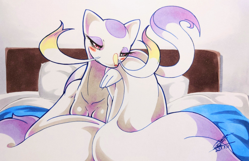 025aki absurd_res anthro bed blush breasts dipstick_tail eyelashes featureless_breasts female fur furniture generation_5_pokemon hi_res looking_at_viewer markings mienshao nintendo on_bed pokemon pokemon_(species) purple_body purple_fur purple_tail_tip red_eyes red_nose solo tail tail_markings white_body white_ears white_fur white_tail yellow_body yellow_fur