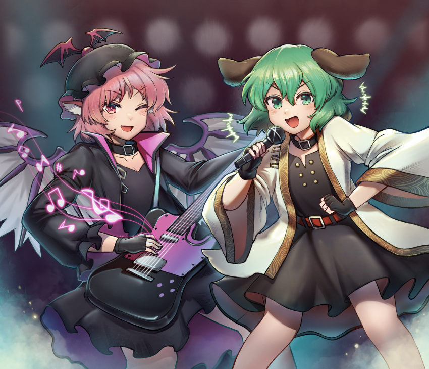 2girls animal_ears beamed_eighth_notes belt bird_ears bird_wings black_choker black_gloves black_headwear black_jacket blush chinese_commentary choker choujuu_gigaku dog_ears eighth_note electric_guitar fingerless_gloves flat_sign gloves green_eyes green_hair guitar hair_between_eyes hat highres holding holding_instrument holding_microphone instrument jacket kasodani_kyouko long_sleeves microphone multiple_girls music musical_note mystia_lorelei one_eye_closed open_clothes open_jacket open_mouth pink_eyes pink_hair playing_instrument red_belt sharp_sign shishui_guima short_hair sixteenth_note smile touhou treble_clef white_jacket white_wings winged_hat wings