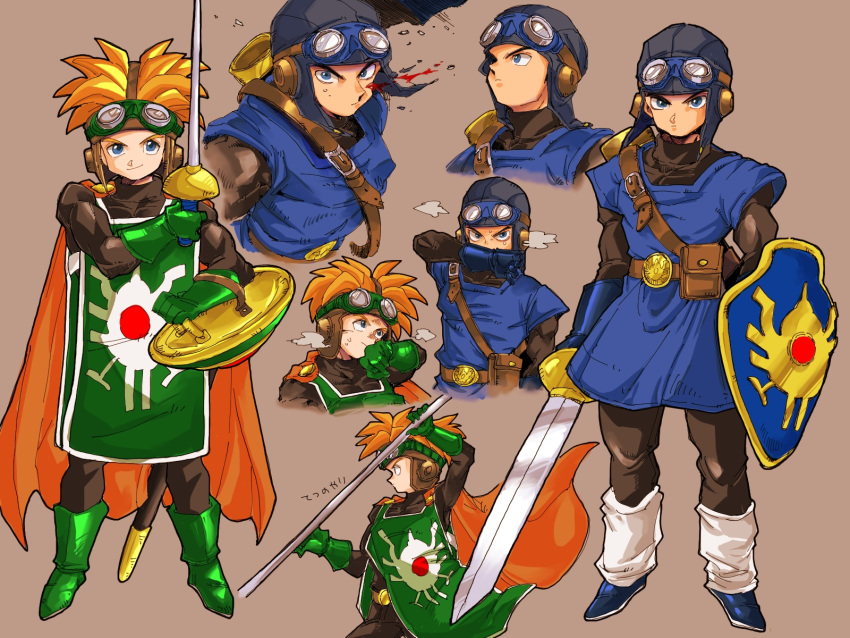 2boys belt black_bodysuit blue_eyes blue_gloves blue_headwear blue_tunic bodysuit boots cape closed_mouth commentary_request cousins cropped_torso dragon_quest dragon_quest_ii fighting_stance full_body gloves goggles goggles_on_headwear green_footwear green_gloves green_tabard highres holding holding_polearm holding_shield holding_sword holding_weapon looking_at_viewer male_focus multiple_boys multiple_views orange_cape orange_hair piyoko_saito polearm prince prince_of_lorasia prince_of_samantoria shield shoulder_belt simple_background spiked_hair standing sword tabard turtleneck upper_body weapon
