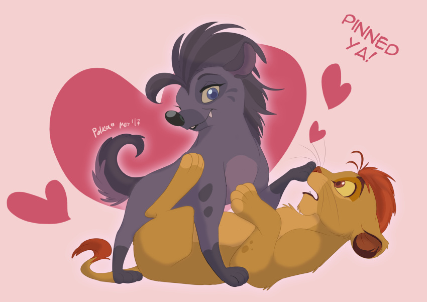 &lt;3 black_kitty disney duo english_text fangs female feral jasiri_(the_lion_guard) kion_(the_lion_guard) looking_at_another lying male on_back open_mouth quadruped teeth text the_lion_guard the_lion_king touching_nose