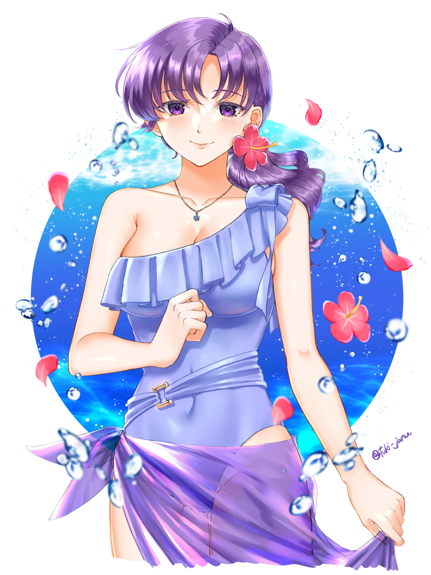 1girl absurdres blue_one-piece_swimsuit breasts cleavage fire_emblem fire_emblem:_the_binding_blade flower hair_flower hair_ornament highres juno_(fire_emblem) large_breasts looking_at_viewer one-piece_swimsuit ponytail purple_eyes purple_hair sarong see-through_sarong smile solo swimsuit tsukimura_(d24f4z8j3t)