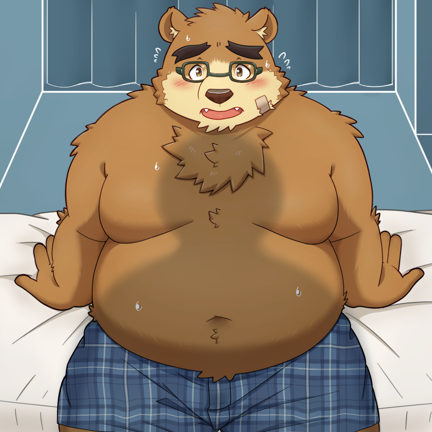 2023 anthro band-aid bandage bear bed belly big_belly blush brown_body brown_fur clothing eyewear fur furniture glasses hi_res kemono lifewonders male mammal moobs navel overweight overweight_male solo solo_focus tokyo_afterschool_summoners underwear volos yaki_atsuage