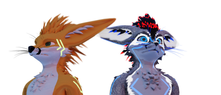 2023 21:9 3d_(artwork) :| absurd_res alpha_channel anthro arms_at_sides big_ears big_pupils black_body black_feathers black_whiskers blue_body blue_eyes blue_feathers blue_tattoo blue_teeth blue_whiskers canid canine depth_of_field digital_media_(artwork) dilated_pupils duo ear_tuft eye_markings facial_markings feathers flimsy_fox_(artist) flimsy_fox_(character) fox fur green_eyes green_tattoo grey_body grey_fur head_markings hi_res hybrid looking_aside looking_forward male mammal markings orange_body orange_feather_hair orange_fur pupils red_body red_feathers rexouium serious simple_background snout snout_markings staring_off tattoo teeth transparent_background tuft white_body white_ear_tips white_fur white_tuft wide_eyed
