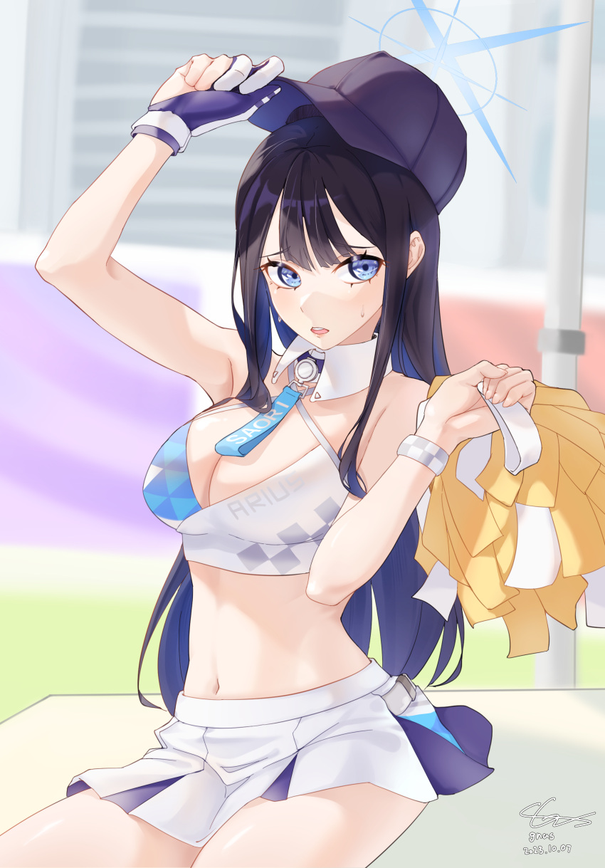 1girl absurdres arm_up bare_arms bare_shoulders baseball_cap black_hair blue_archive blue_eyes breasts character_name cheerleader cleavage clothes_writing commentary_request crop_top gnas_(gnas_0912) halo hat highres large_breasts long_hair midriff millennium_cheerleader_outfit_(blue_archive) miniskirt navel open_mouth pom_pom_(cheerleading) saori_(blue_archive) sitting skirt solo stomach thighs very_long_hair white_skirt