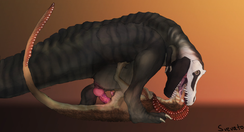 absurd_res anal anal_penetration austroraptor dinosaur dromaeosaurid duo feral french_kissing head_in_mouth hi_res kissing knot male male/male oral penetration reptile scalie slit svevato theropod tyrannosaurid tyrannosaurus tyrannosaurus_rex vohten