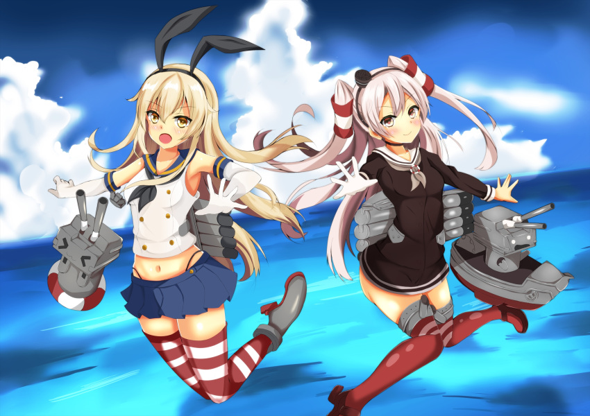 2girls amatsukaze_(kancolle) animal_ears black_panties blonde_hair blue_sailor_collar blue_skirt elbow_gloves gloves grey_footwear grey_hair highres kantai_collection long_hair looking_at_viewer miniskirt multiple_girls ocean panties rabbit_ears red_footwear rensouhou-chan rensouhou-kun sailor_collar school_uniform serafuku shamu_(helix) shimakaze_(kancolle) skirt string_panties striped striped_thighhighs thighhighs torpedo_tubes two_side_up underwear white_gloves white_serafuku yellow_eyes