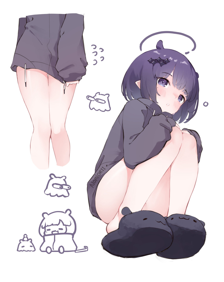 1girl absurdres ass_visible_through_thighs black_jacket blush drawstring halo highres hololive hololive_english jacket long_sleeves looking_at_viewer mole mole_under_eye namiorii ninomae_ina'nis ninomae_ina'nis_(5th_costume) official_alternate_costume pointy_ears purple_eyes purple_hair short_hair simple_background slippers squatting takodachi_(ninomae_ina'nis) thigh_gap thighs virtual_youtuber white_background