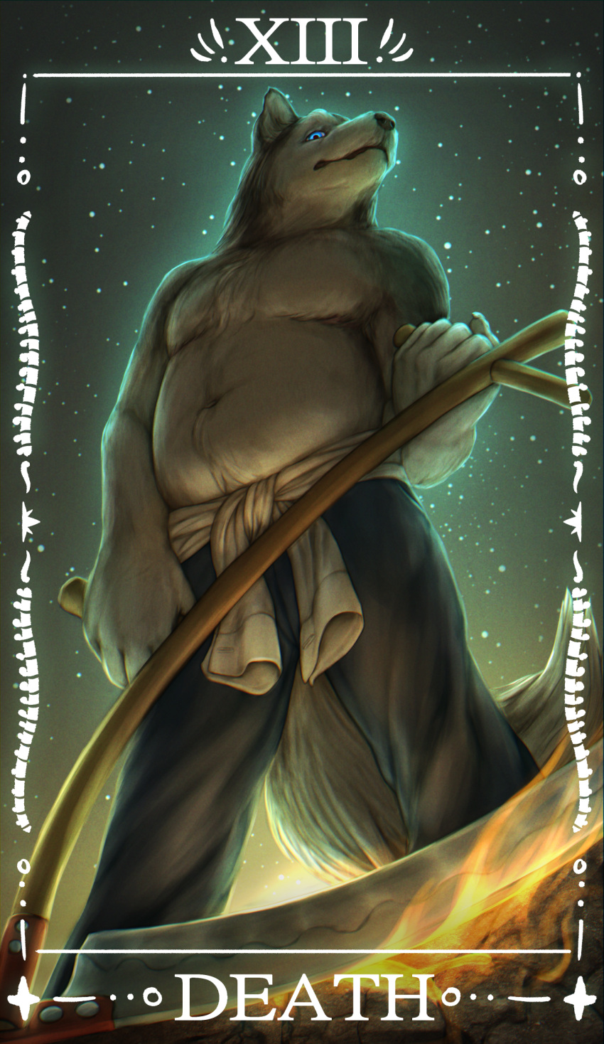 anthro belly blue_eyes bottomwear canid canine canis card chubby_anthro chubby_male clothed clothing domestic_dog fur grey_body grey_fur hi_res holding_scythe husky low-angle_view male mammal melee_weapon nordic_sled_dog pants polearm scythe solo spitz tarot_card the_gentle_giant topless topless_anthro topless_male weapon