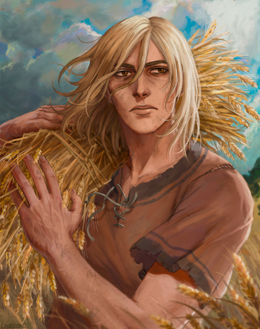 1boy absurdres blonde_hair blurry blurry_foreground brown_eyes brown_shirt day dirty dirty_face facial_hair hair_between_eyes highres lauregal looking_at_viewer male_focus medium_hair outdoors photoshop_(medium) shirt solo stubble thorfinn upper_body vinland_saga wheat